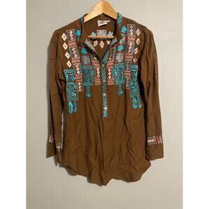 Rods Womens Tunic Small Brown Viscose Geometric Embroidered Popover Western Boho